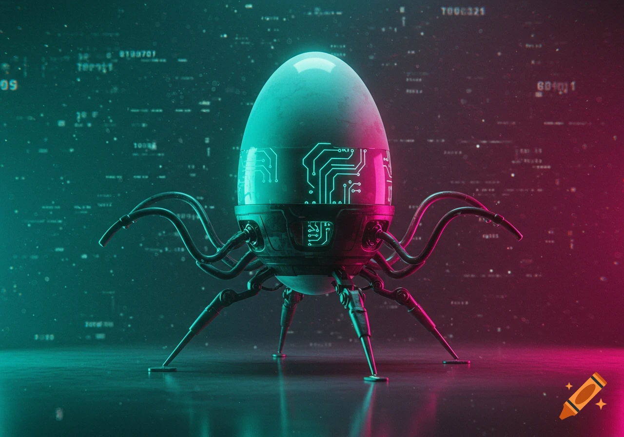 An egg-shaped robot with glowing blue circuit patterns and multiple tentacle arms stands on tripod feet in a dark, teal and magenta lit futuristic setting.