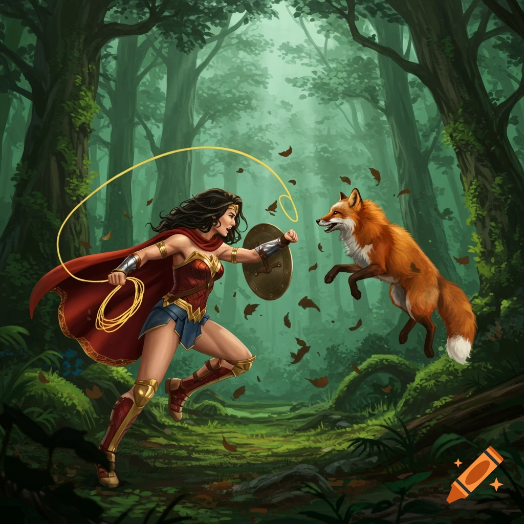 Wonder Woman, holding her lasso and shield, confronts a leaping fox in a lush forest.