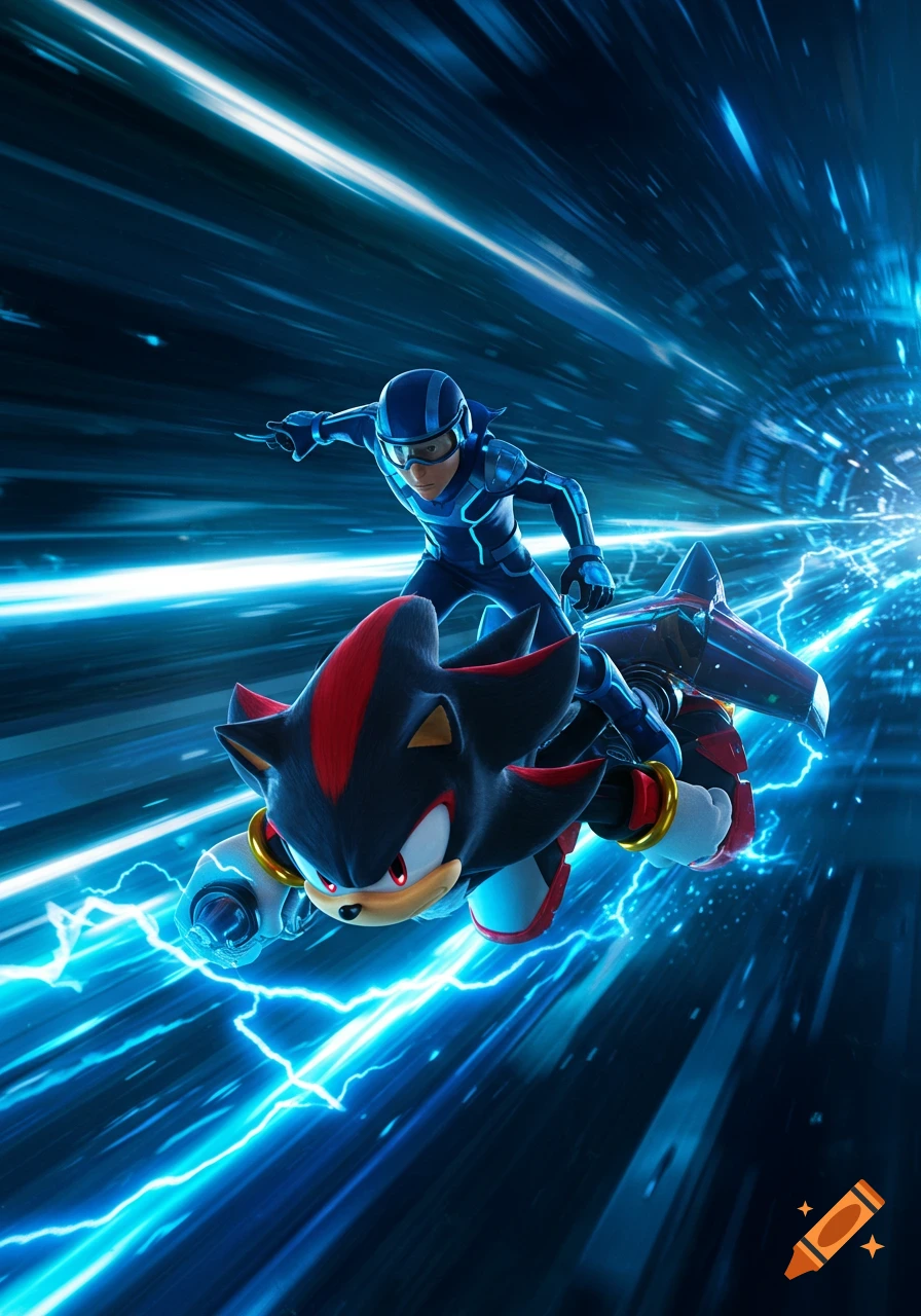 Uzi Doorman riding on Shadow the Hedgehog through a neon blue tunnel, dynamic 3D rendering.