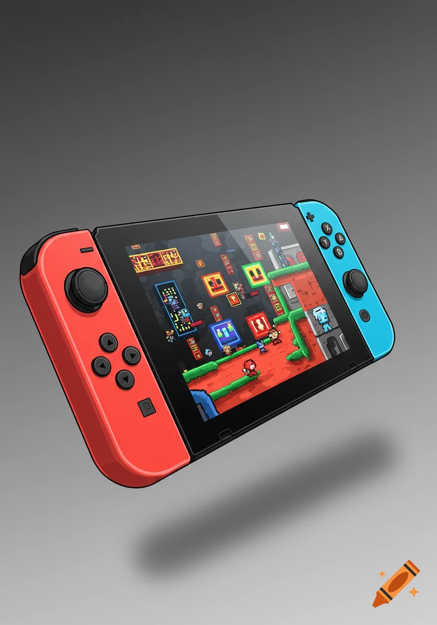A stylized 2D drawing of a red and blue Nintendo Switch