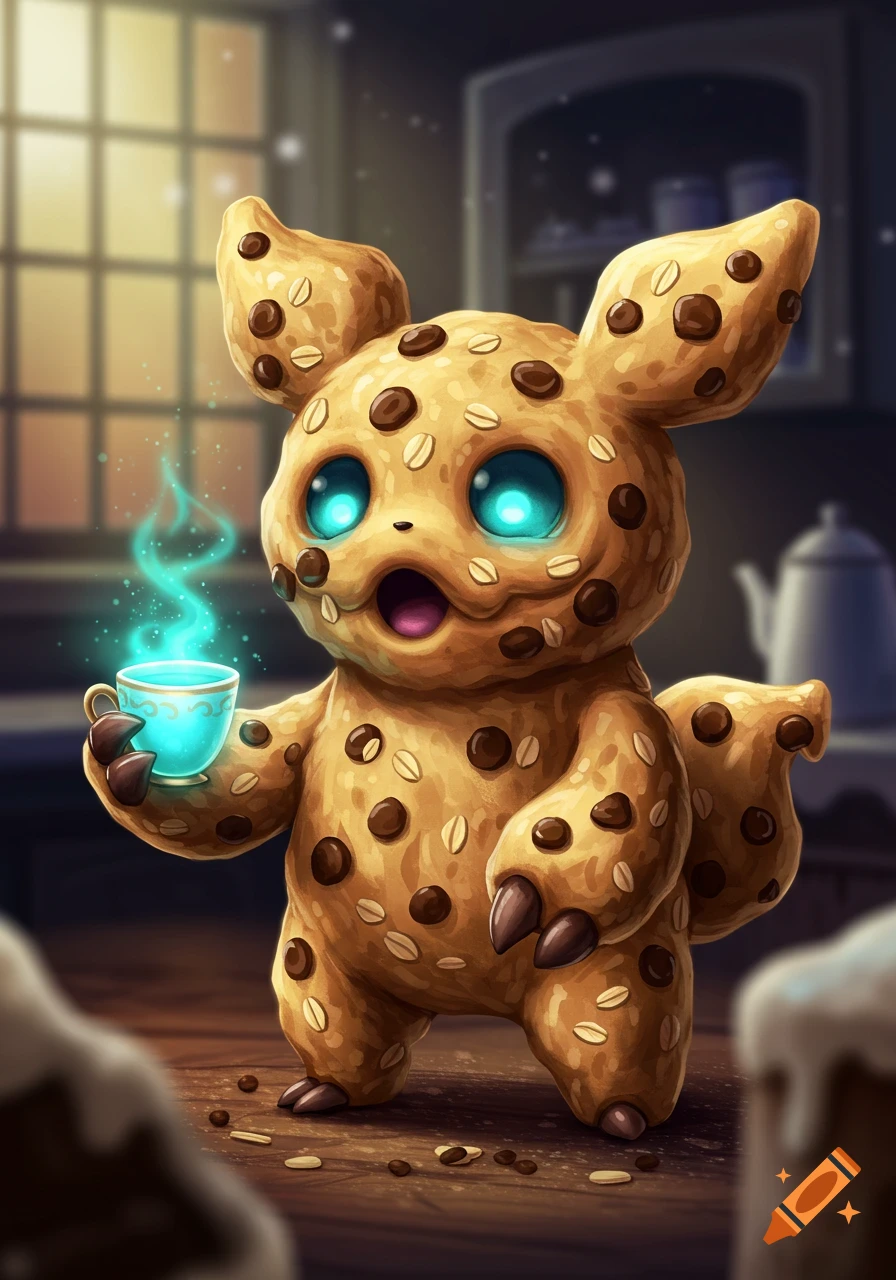 A cute, whimsical cookie monster with glowing blue eyes holds a steaming teal cup in a cozy, softly lit room.