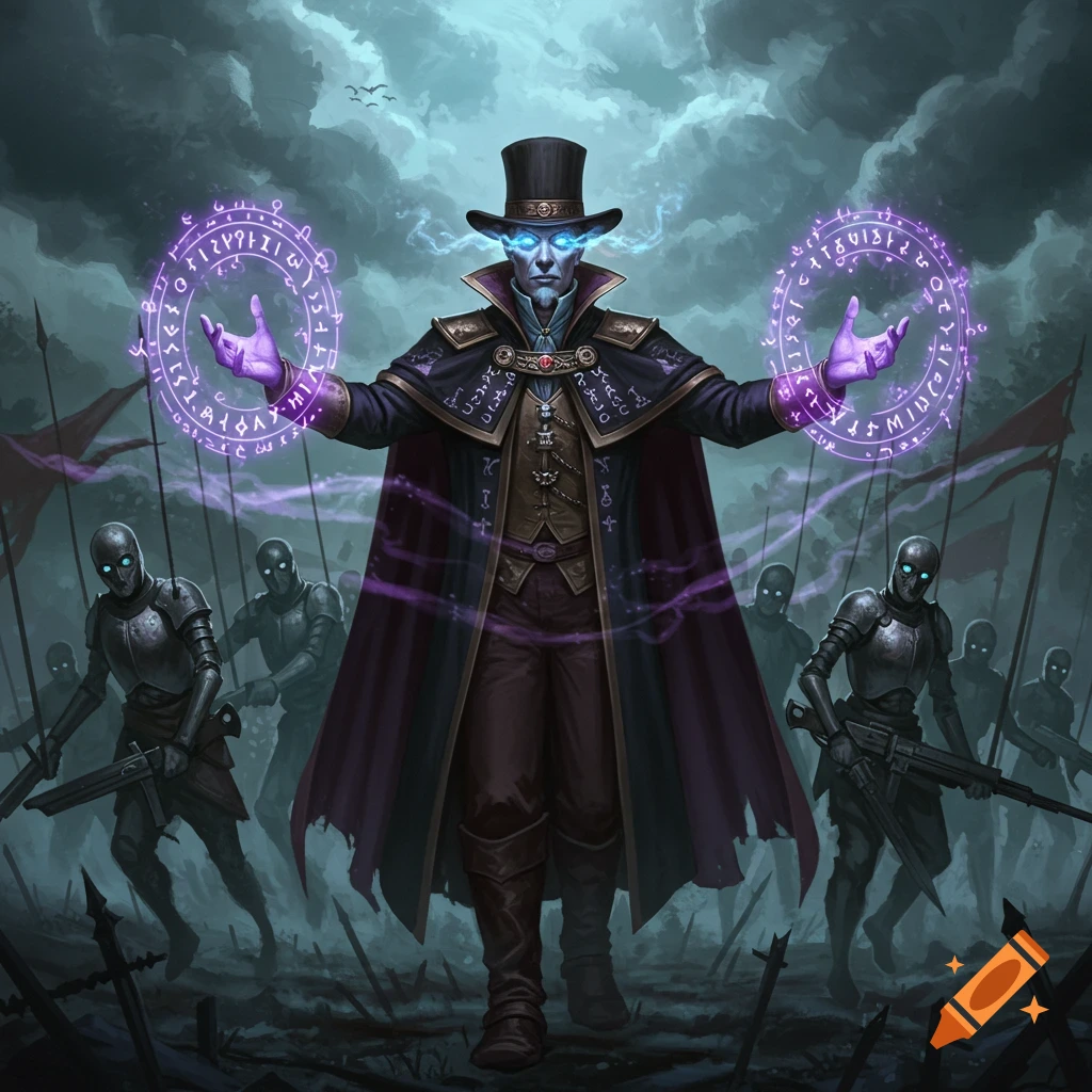 A powerful mage in a top hat with glowing eyes casts purple spells, commanding an army of dark, armored, faceless figures.