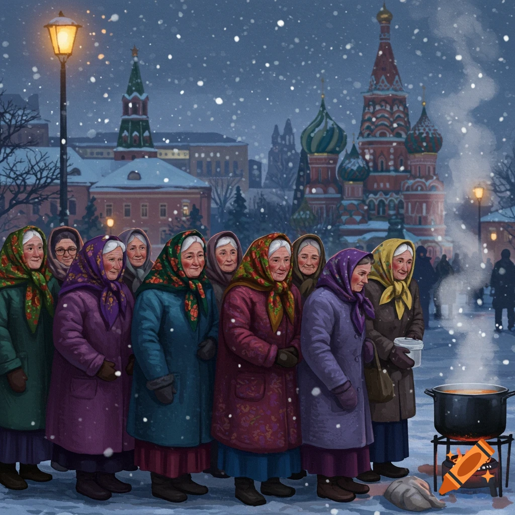 Illustrated babushkas in headscarves line up for soup on a snowy street at night, with St. Basil's Cathedral behind them.