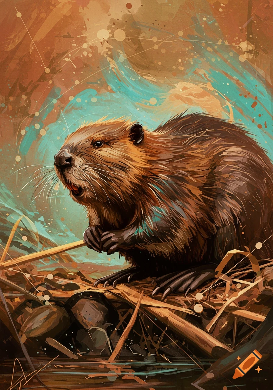 A vibrant, artistic illustration of a brown beaver with open mouth, sitting amidst sticks and water, against an abstract background.
