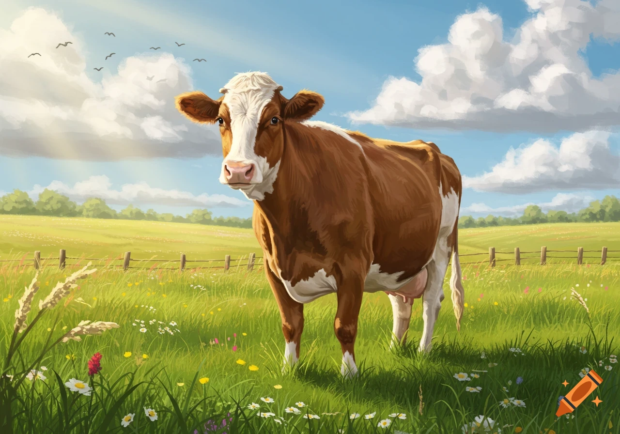 A brown and white cow stands in a lush green field under a blue sky with white clouds.