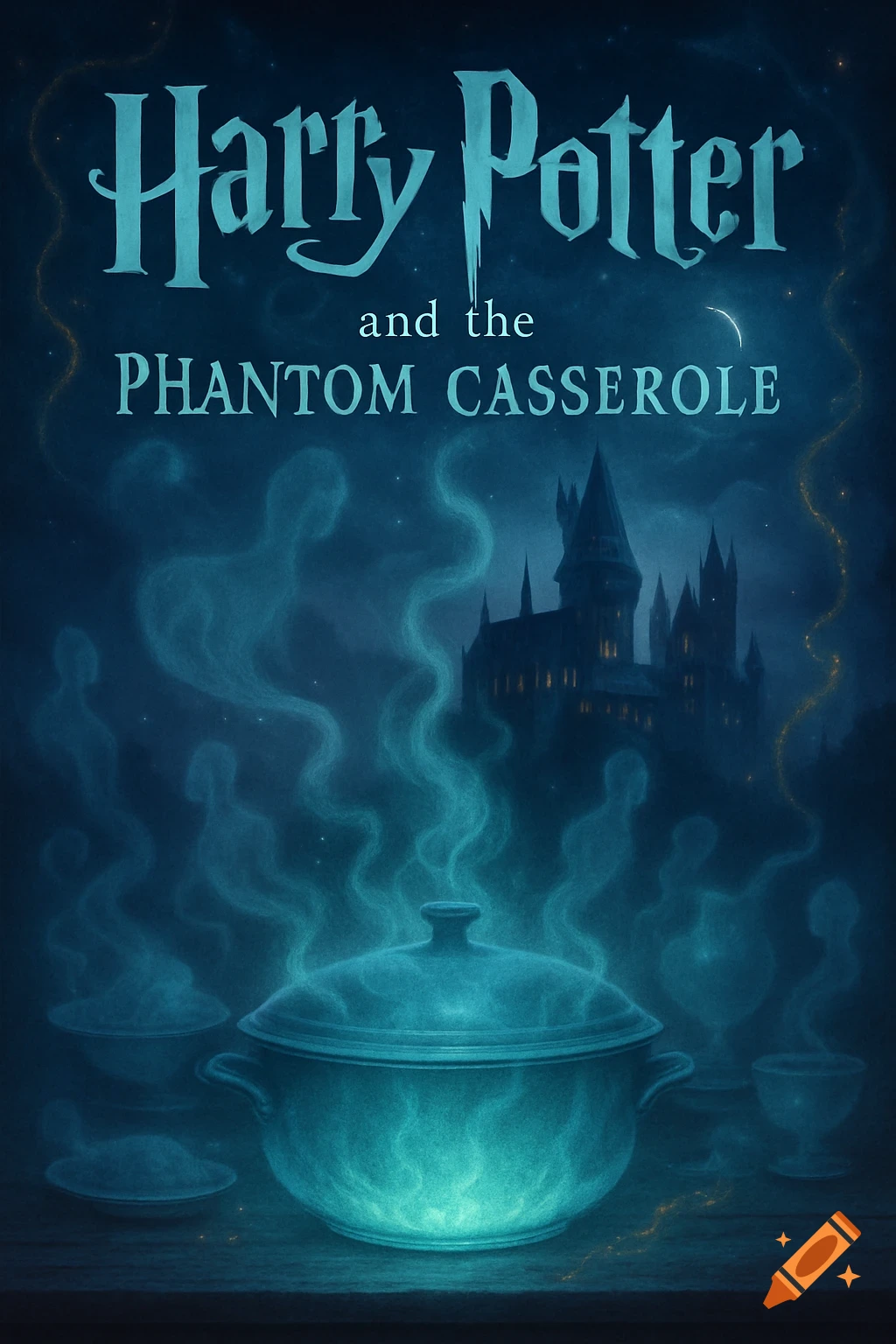 Fantasy book cover with a glowing pot, ghostly steam figures, and Hogwarts castle under a crescent moon. Title: Harry Potter and the Phantom Casserole.