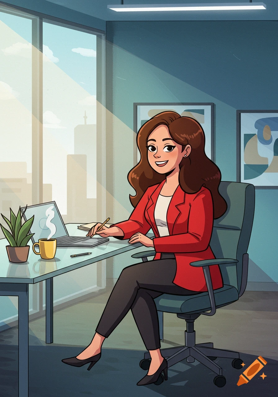 Cartoon woman with brown hair smiling at her desk in a sunny office, working on a laptop.