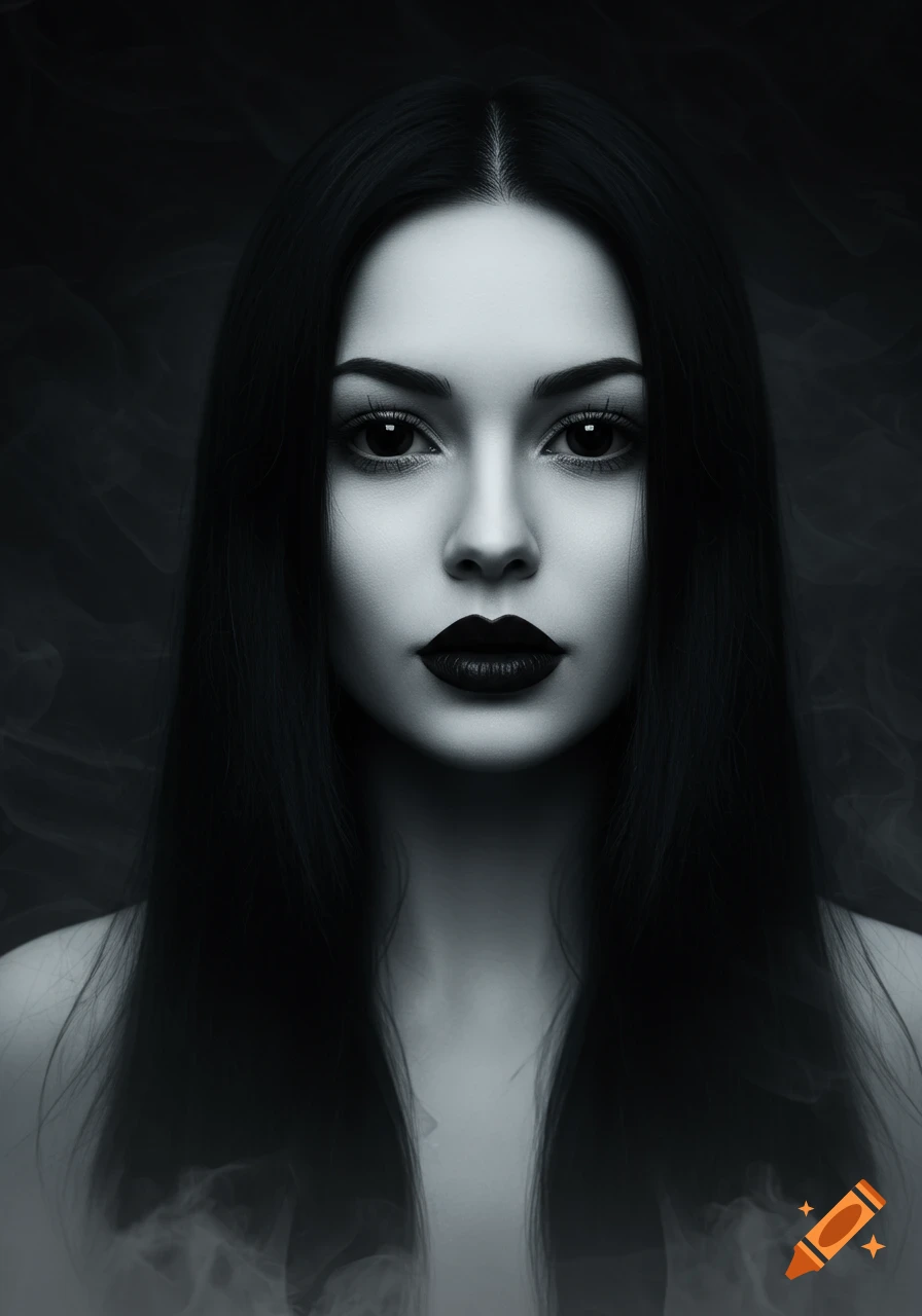 Monochromatic portrait of a woman with dark eyes, long black hair, and dark lipstick against a smoky background.