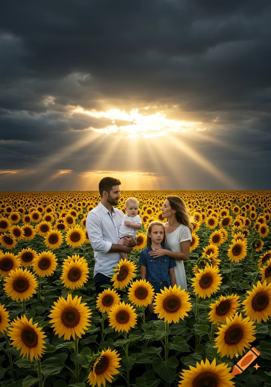 A family of four stands in a vast sunflower field under a dramatic sky with sunbeams breaking through dark clouds, photorealistic.
