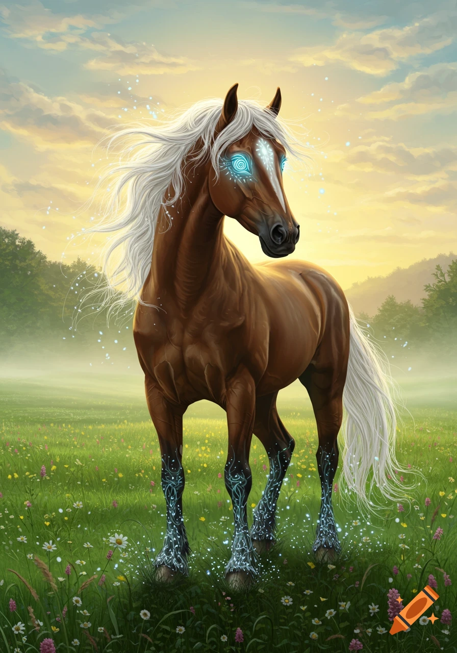 A brown horse with glowing blue spiral eyes and glowing blue patterns on its legs stands in a green field with wildflowers at sunset.