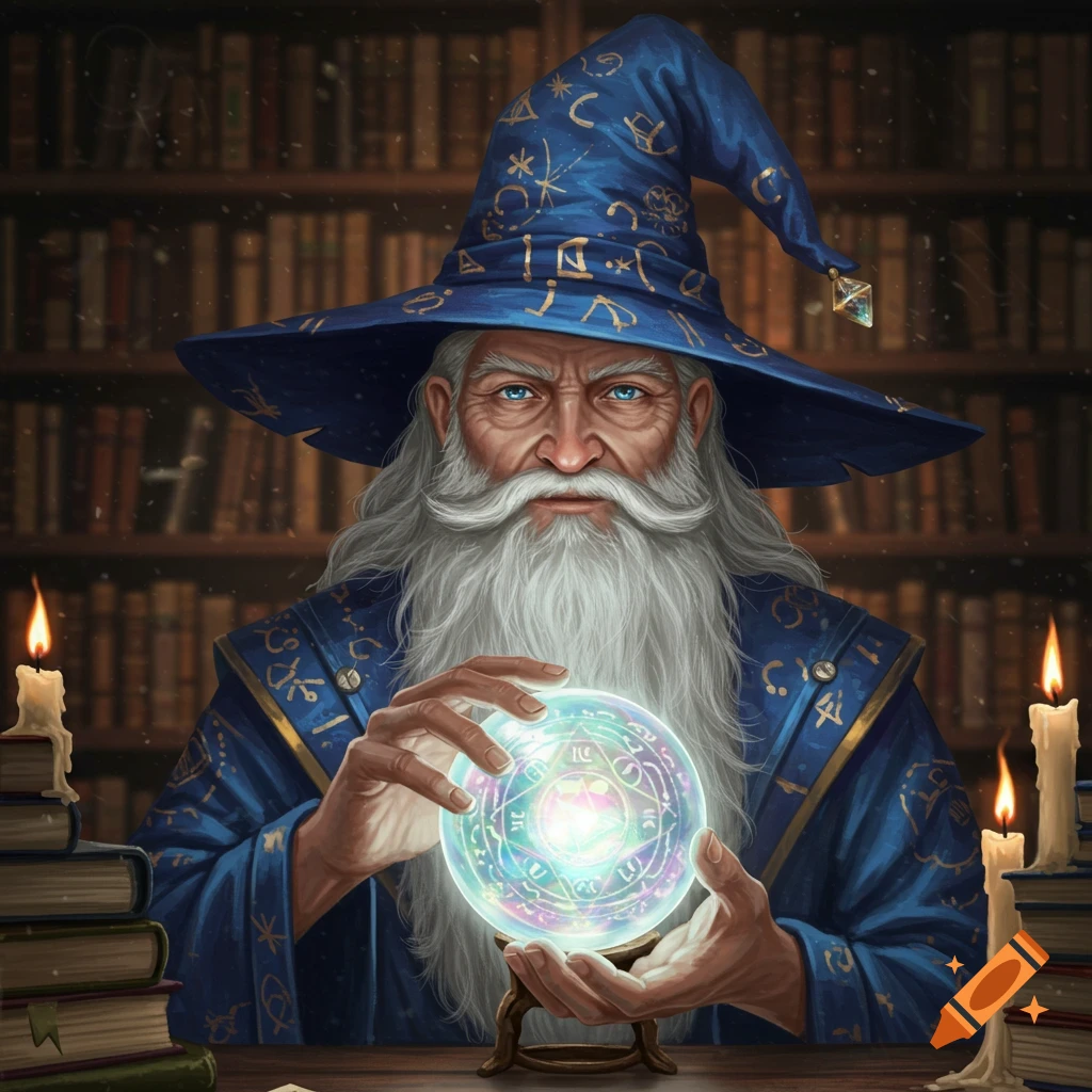 A detailed portrait of an elderly wizard with a long white beard and blue eyes, wearing a blue hat and robe, holding a glowing magical orb in a library setting with candles.