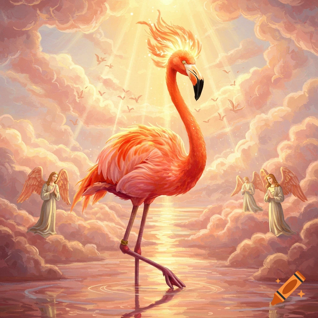 A radiant flamingo with fiery head feathers stands in water under a celestial sky with clouds, angels, and flying birds.