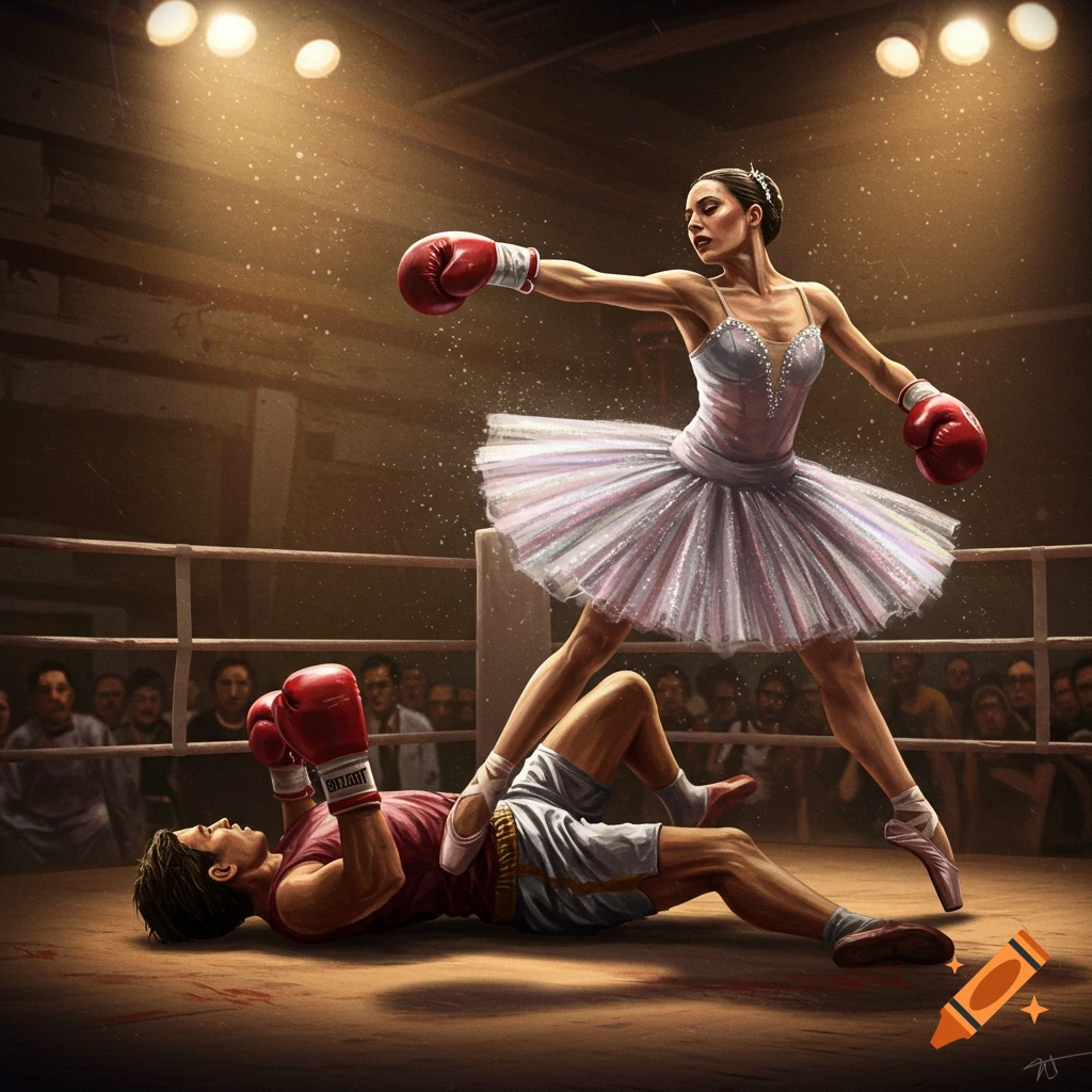 A ballerina in a tutu and boxing gloves stands victorious over a knocked-out male boxer in a ring, digital painting.