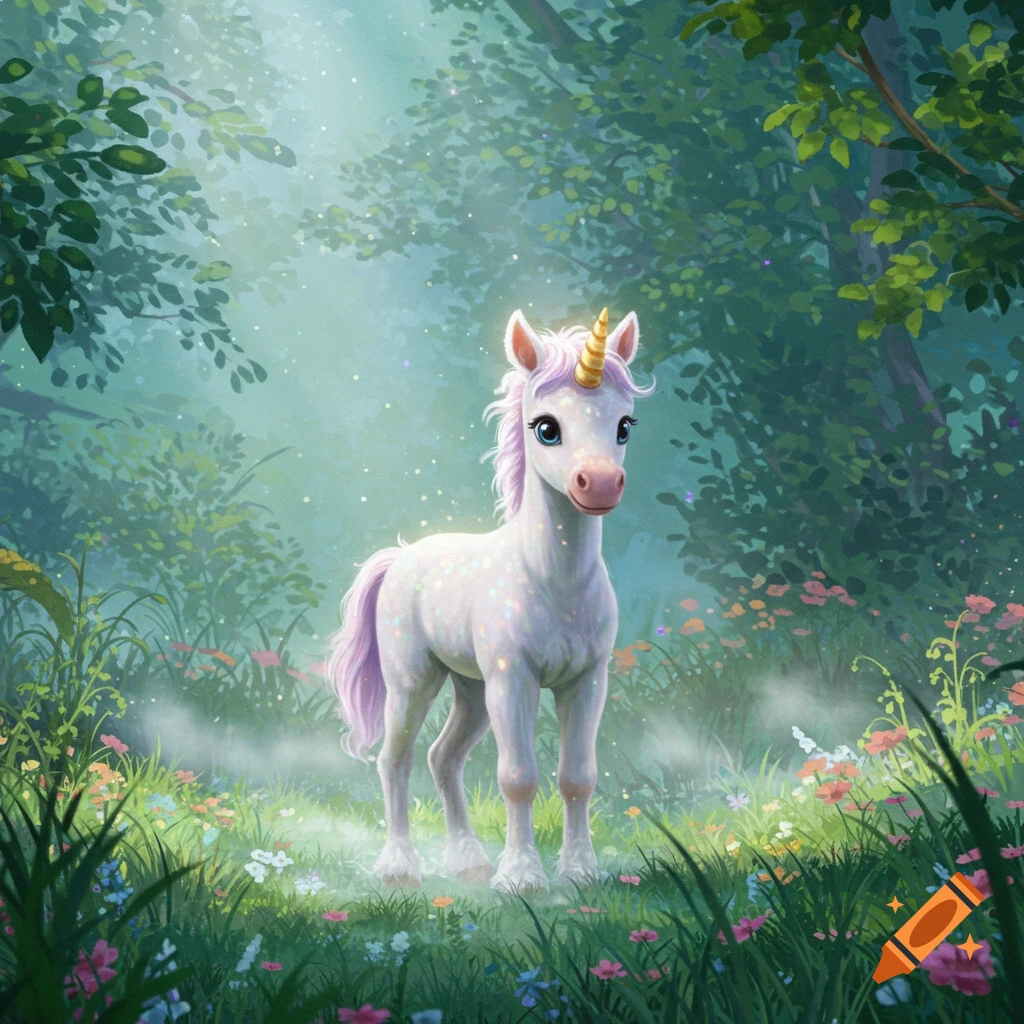 A whimsical, cartoonish baby unicorn with a golden horn and sparkling coat stands in a lush, misty forest clearing with colorful flowers.
