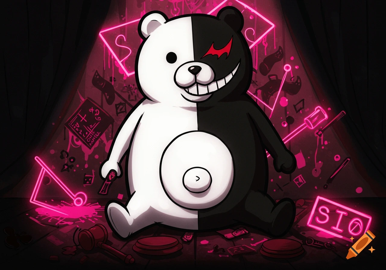 Monokuma, a black and white bear character, sits with a large belly amidst neon pink lights and dark, chaotic background elements.