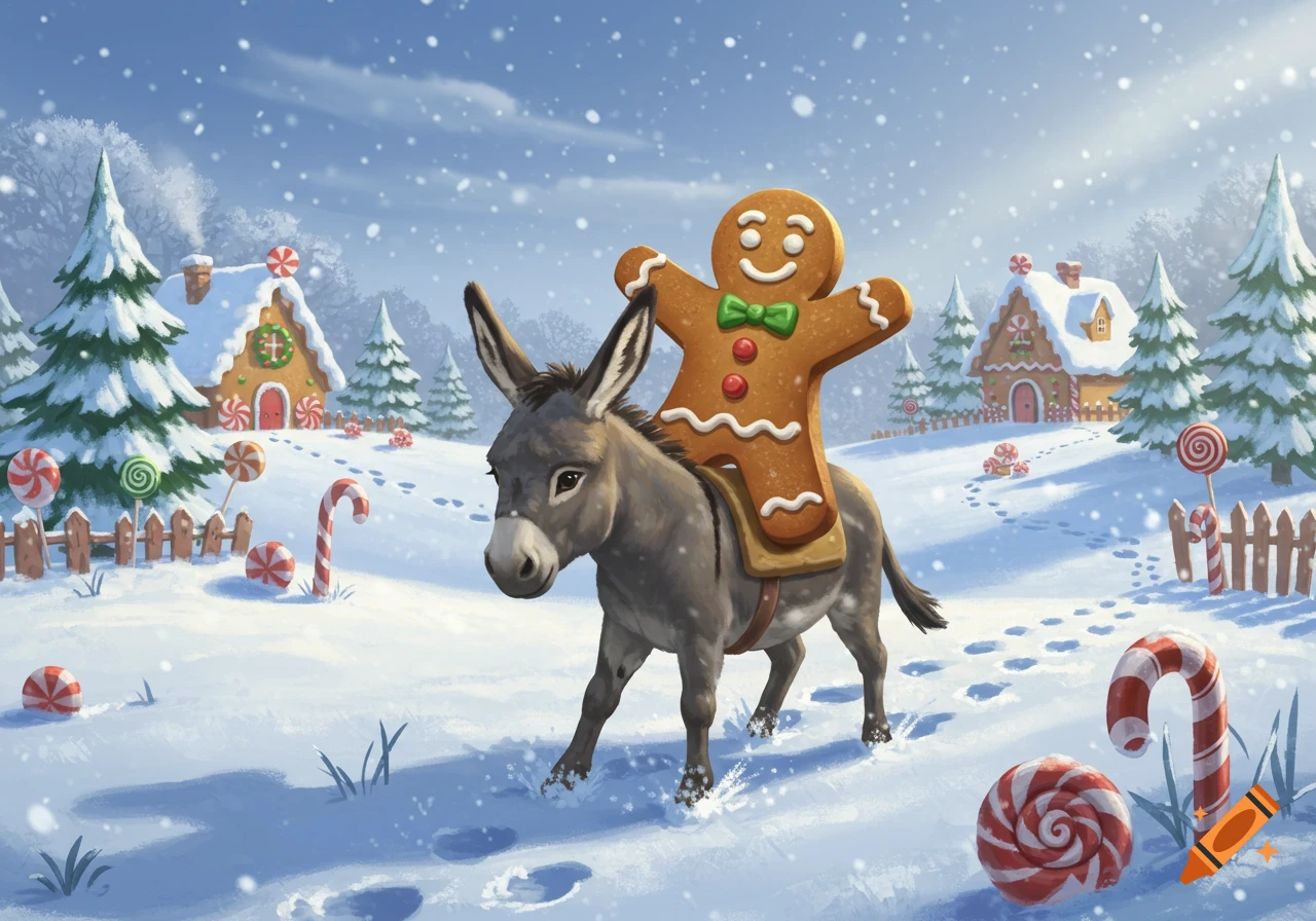 A gingerbread man riding a donkey through a snowy village with gingerbread houses and candy decorations, in an illustrated style.
