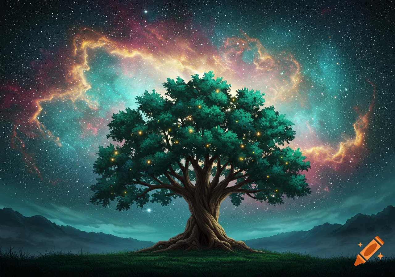 An ancient, glowing tree stands on a hill under a vibrant, colorful galaxy sky with nebulae and stars.