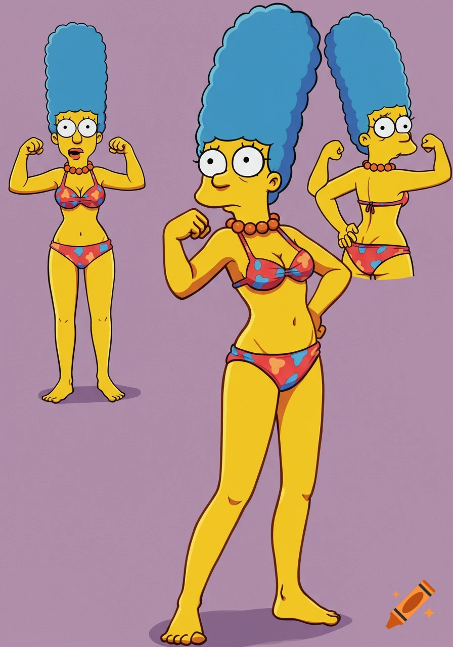 Marge Simpson from The Simpsons cartoon flexing her arms in a bikini, depicted in a model sheet style.