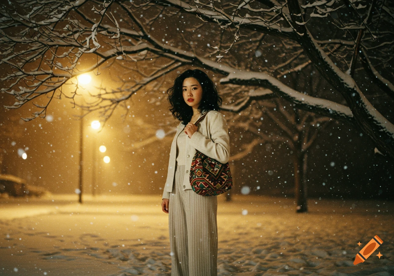 A realistic photo of a young woman standing on a snowy night under a tree, illuminated by streetlights, wearing a white jacket and pleated pants, carrying a traditional woven bag.