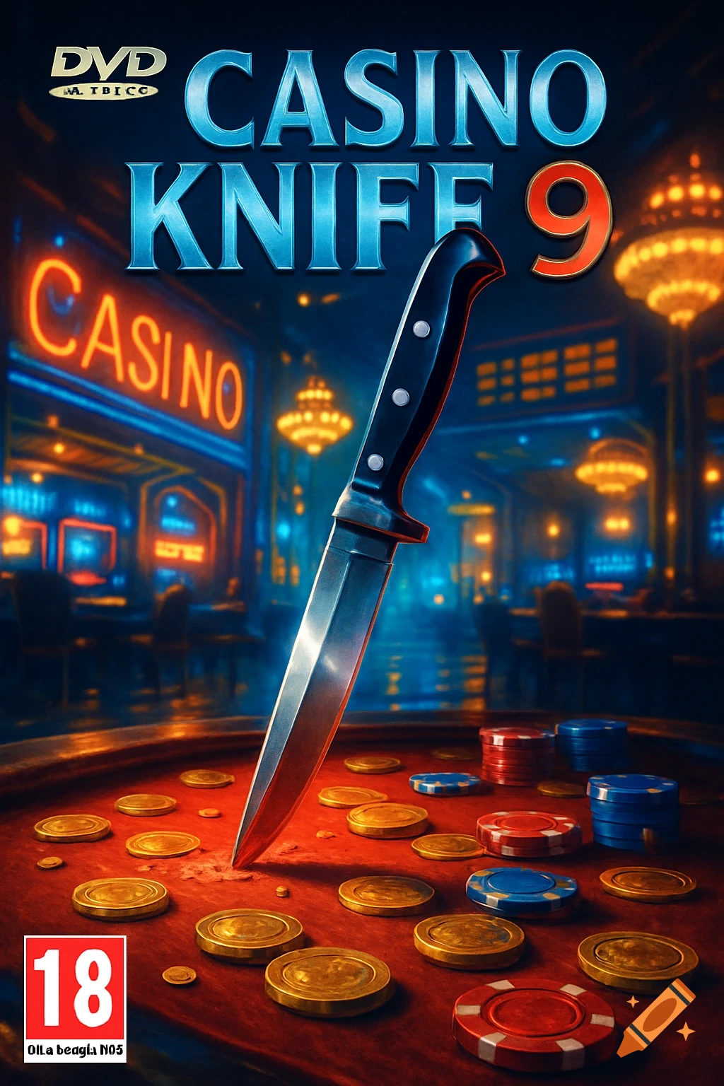 DVD cover for the video game "Casino Knife 9" showing a knife stuck into a red casino table with coins and poker chips, against a blurry casino background.