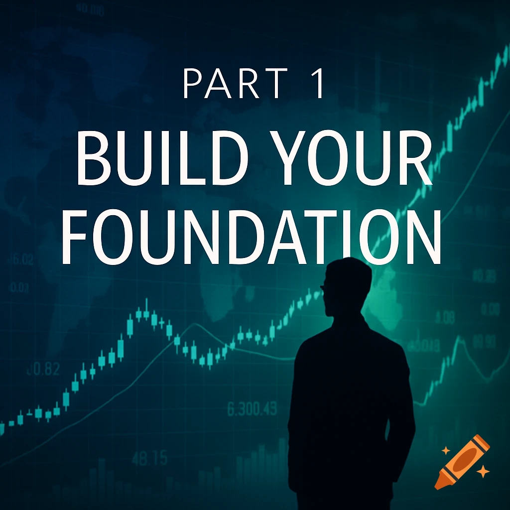 Silhouette of a person in front of green and blue glowing stock market charts with text "Part 1 Build Your Foundation".