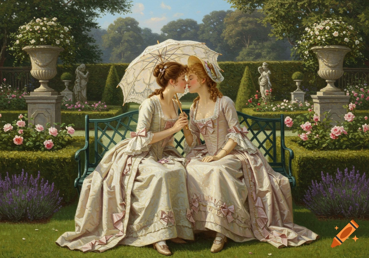 A painting of two elegant young ladies in 18th-century dresses sitting on a garden bench, sharing a kiss under a lace parasol.