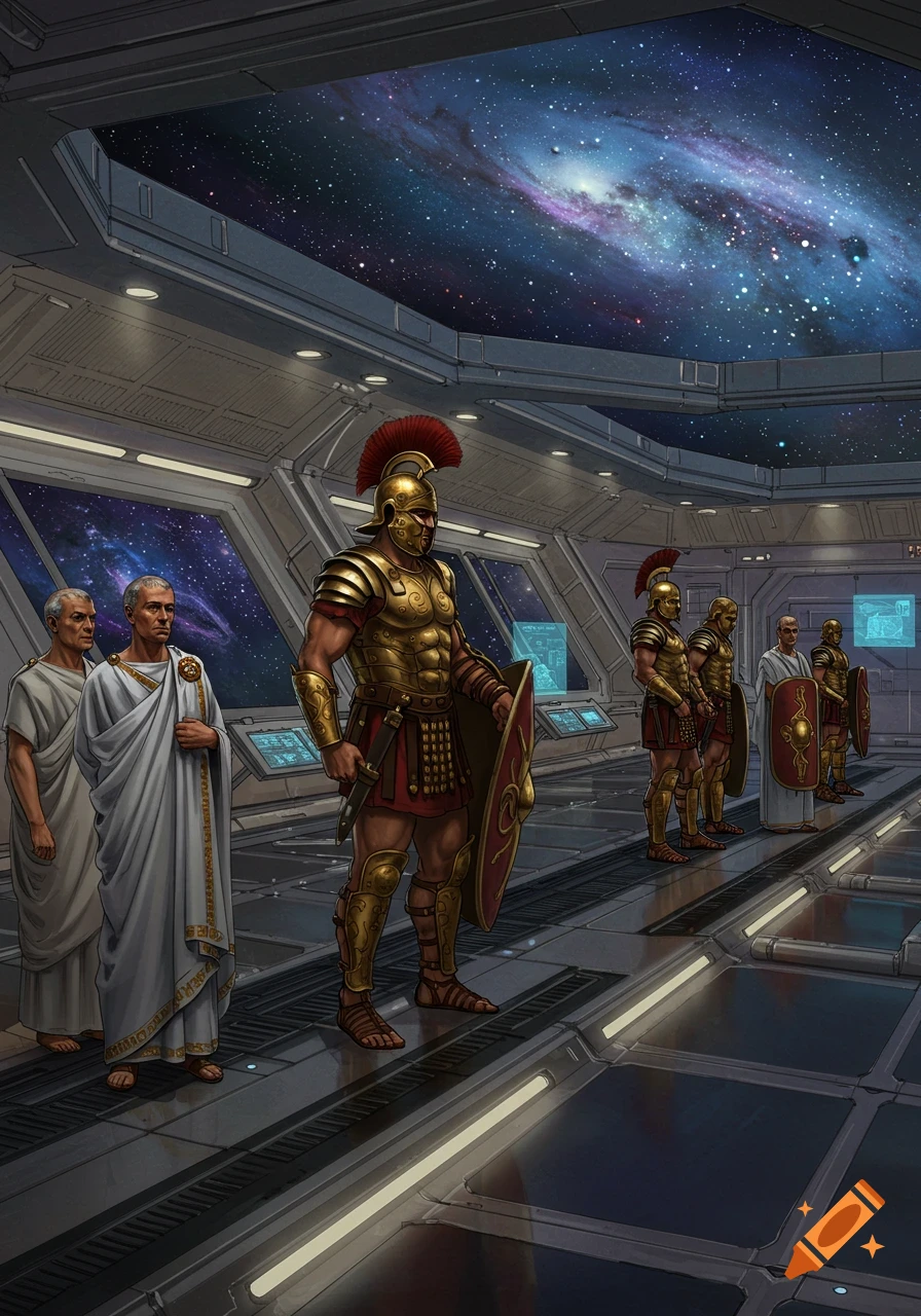 Roman soldiers in gold armor and senators in white togas stand inside a futuristic spaceship looking out into a vibrant galaxy.