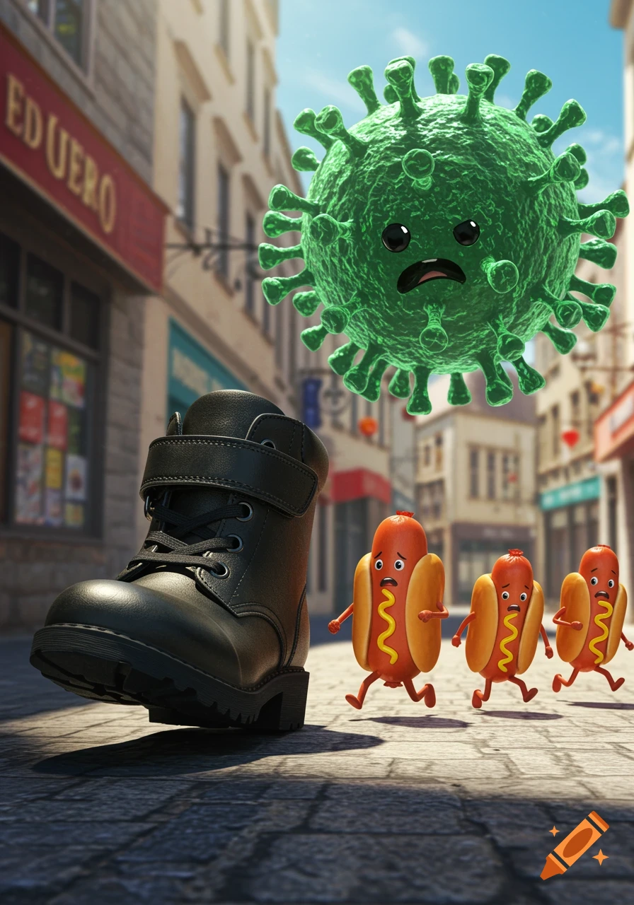 A cartoon green coronavirus floats above a street as a black boot lifts to stomp on three hot dogs running away.