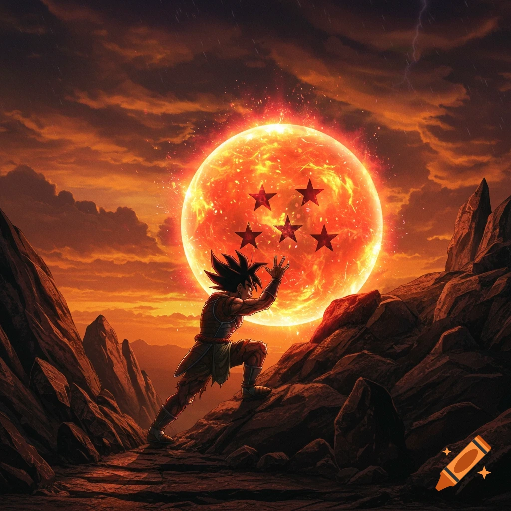 A Saiyan character resembling Goku strains to push a giant glowing orange dragon ball with five red stars up a rocky mountain at sunset.