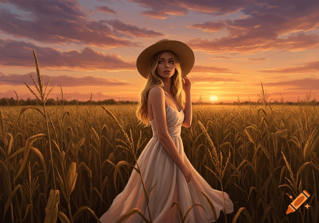 A woman in a white sundress and straw hat stands in a cornfield at sunset.