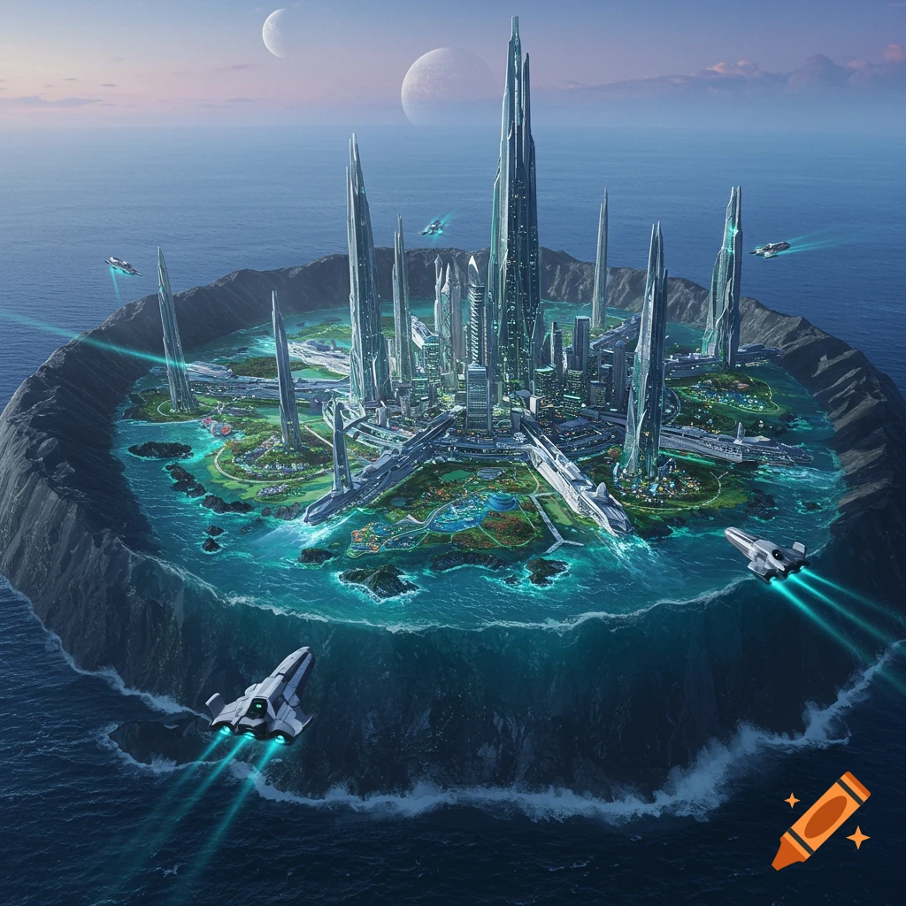 An aerial view of a futuristic city with tall, sleek buildings nestled within a large volcanic crater on an ocean planet, with spaceships flying nearby and two moons in the sky.