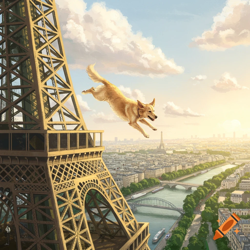 An illustrative image of a golden dog leaping from the Eiffel Tower, overlooking the Parisian cityscape and river.