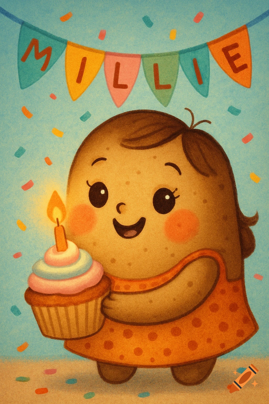 A cute potato-shaped character holding a cupcake with a lit candle, standing under a colorful 'MILLIE' birthday banner with confetti.