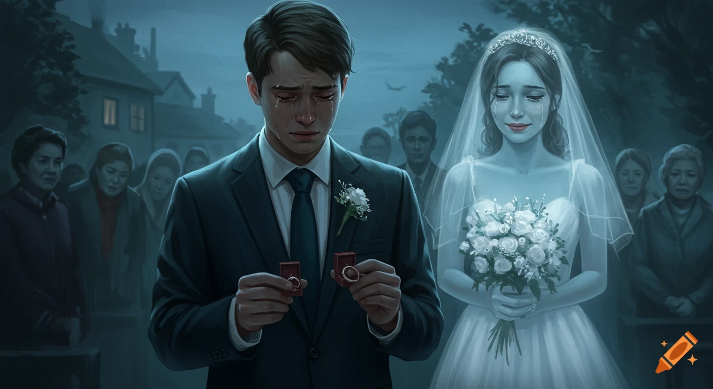 A man in a suit cries holding two wedding rings, while a translucent, ghostly bride in a wedding dress stands beside him in a somber, illustrated scene.