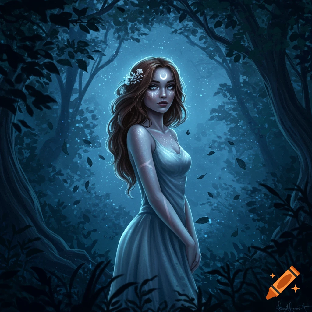 An ethereal woman with long brown hair and a glowing moon on her forehead stands in a dark, moonlit forest.