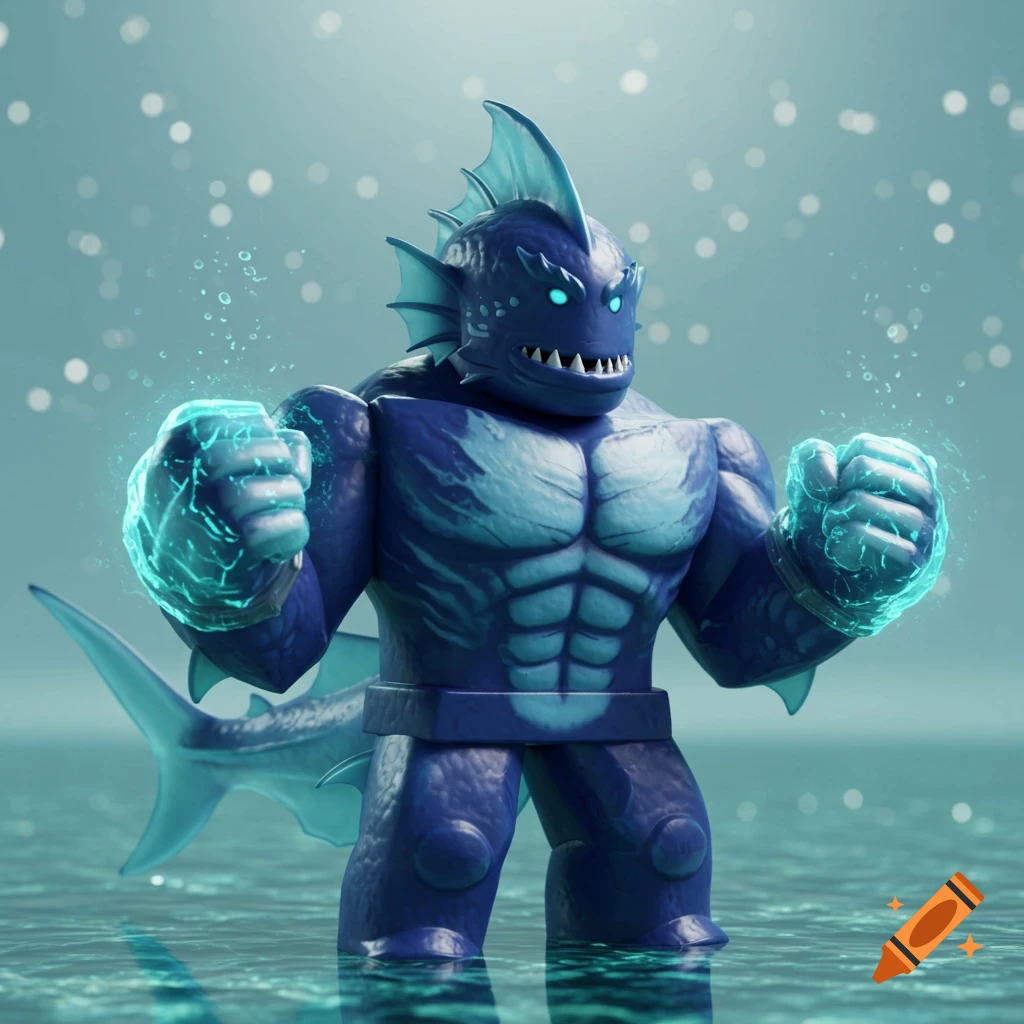 A muscular, blue fishman Roblox character with glowing fists and a translucent shark tail stands in water.