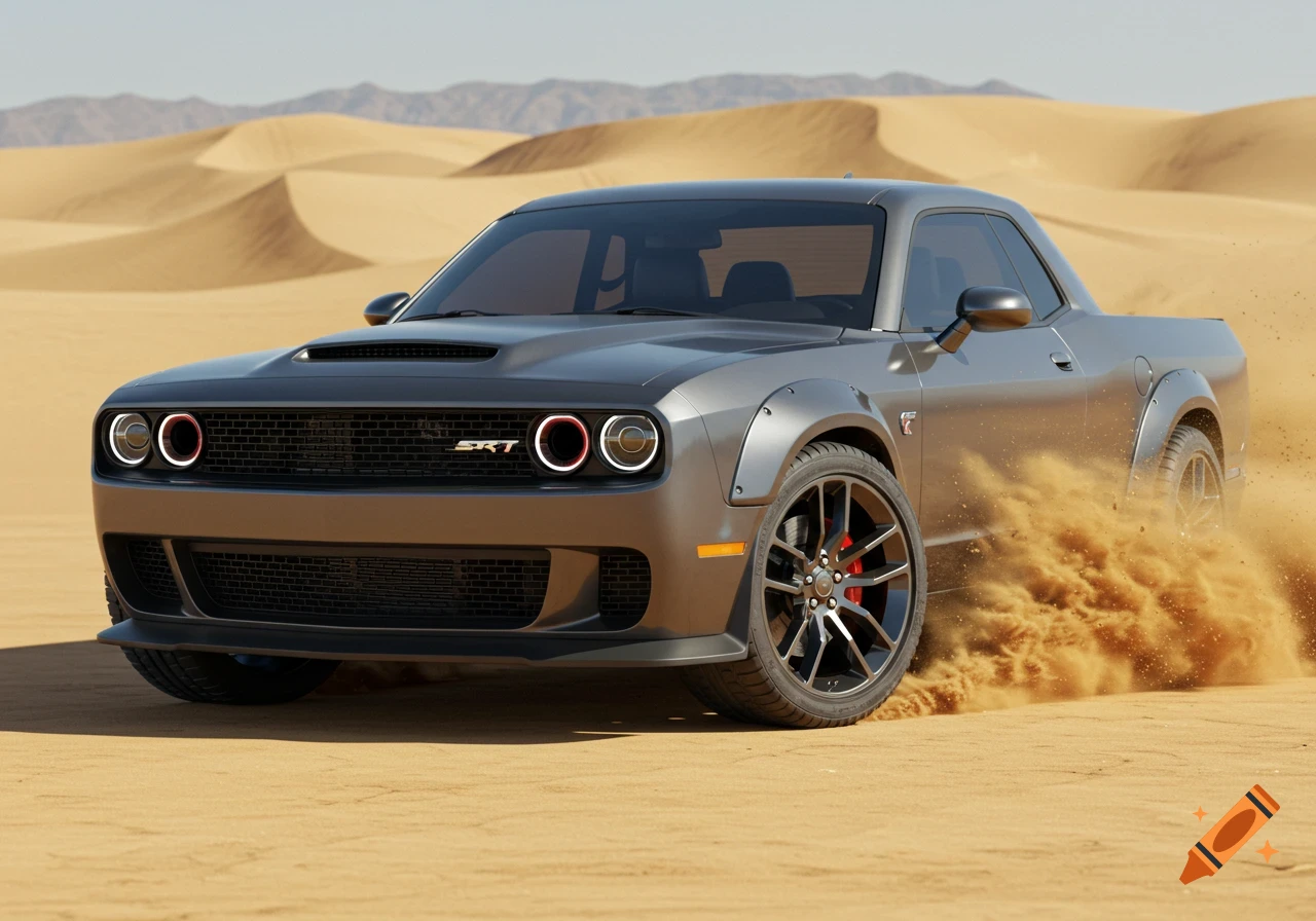 A gray modified Dodge Challenger-style pickup truck driving through a sandy desert, kicking up dust.
