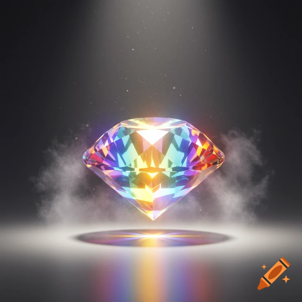 A vibrant, rainbow-colored diamond suspended in air, surrounded by smoke and a glowing light, reflecting colors onto a dark surface.