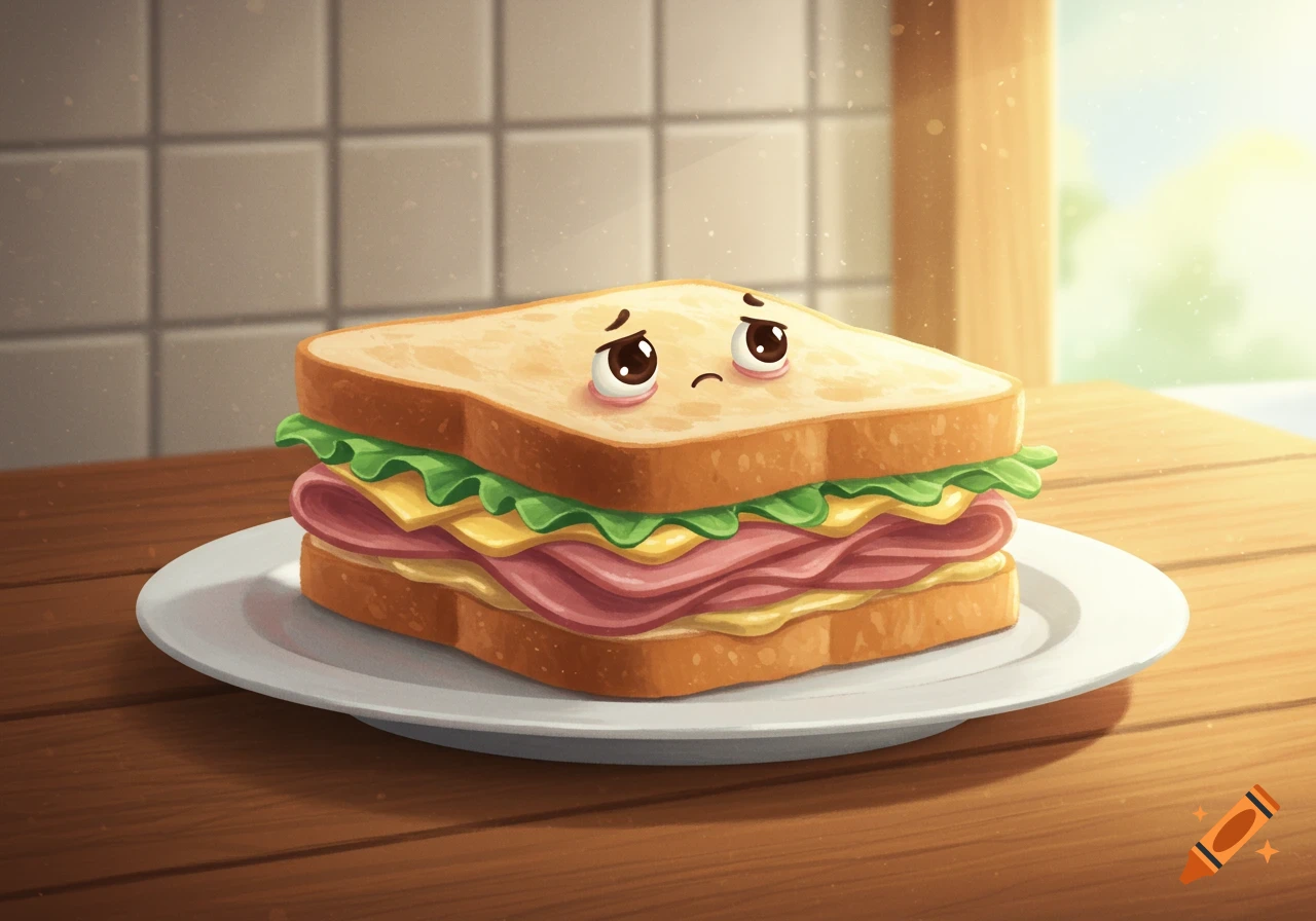 A cute cartoon ham sandwich with a sad face sits on a white plate on a wooden table.