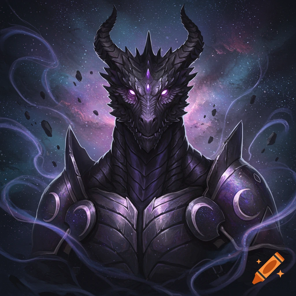 A dark armored dragonborn with glowing purple eyes stands against a cosmic background with purple nebulae, stars, and floating rocks.
