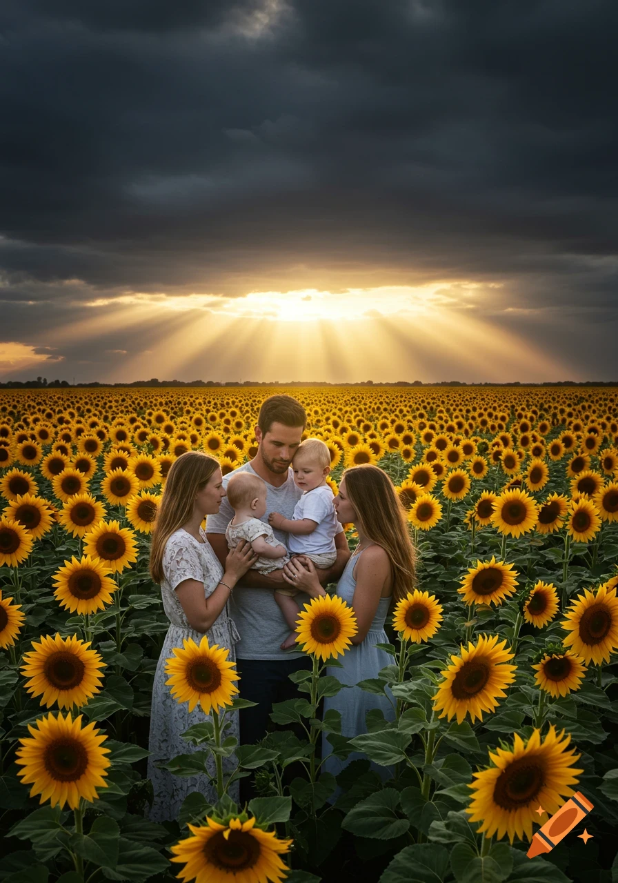 A family of four, with two parents and two babies, stands in a vast sunflower field under a dramatic sunset sky with golden sun rays.