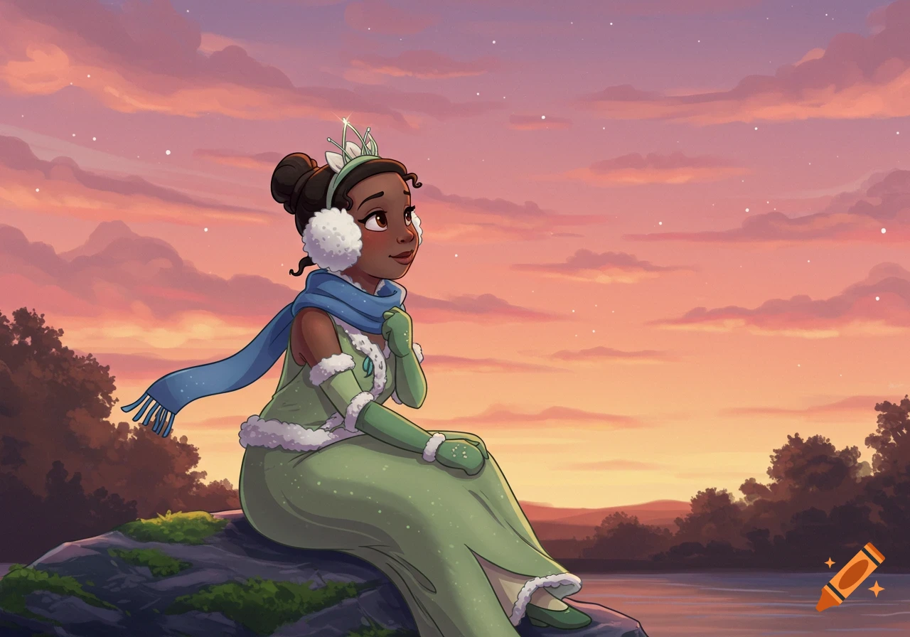 Princess Tiana in earmuffs, blue scarf, and green dress sitting on a rock at sunset in 2D digital art.