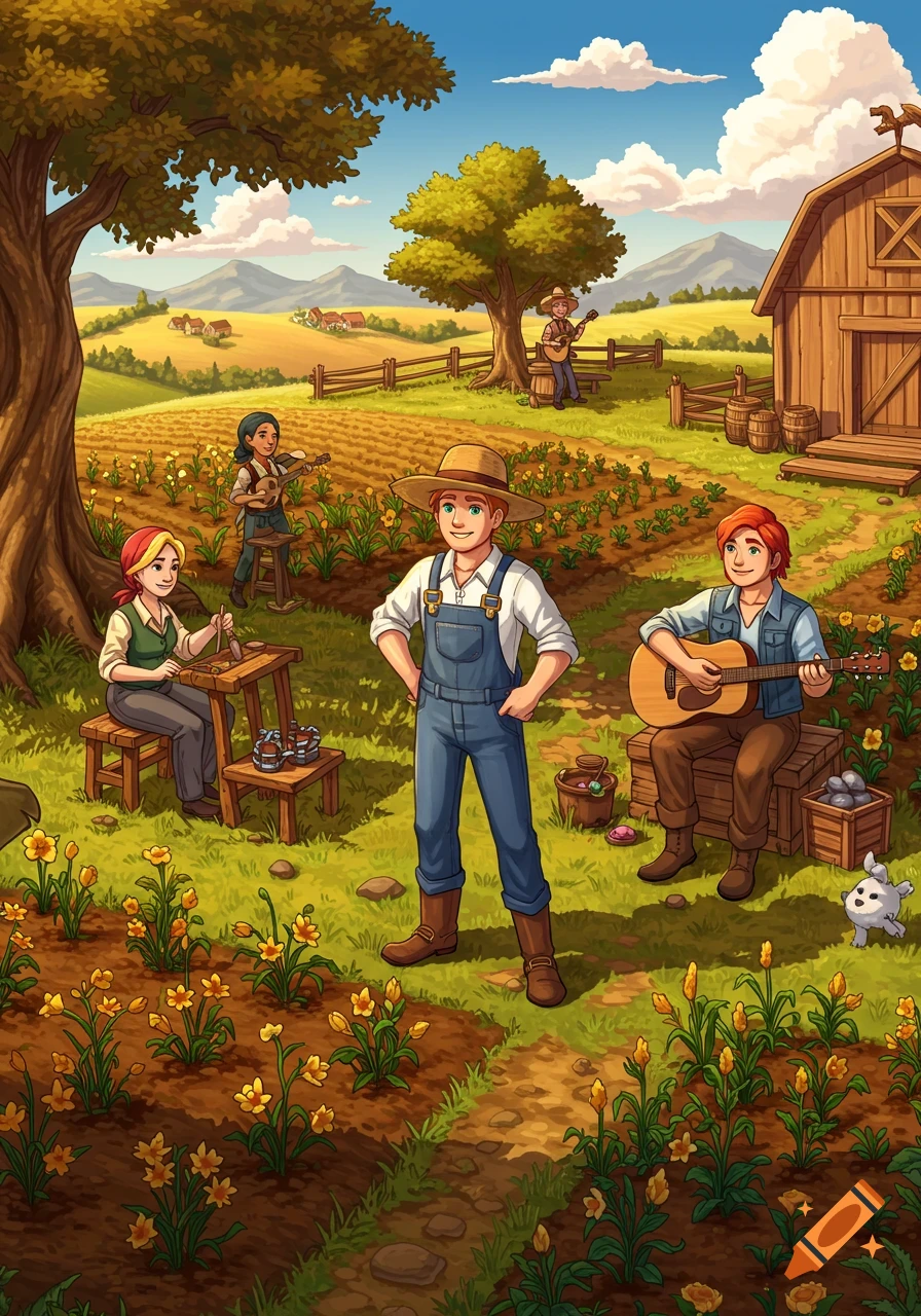 Cartoon illustration of people playing music and working on a sunny farm with fields of yellow flowers, a barn, and mountains.