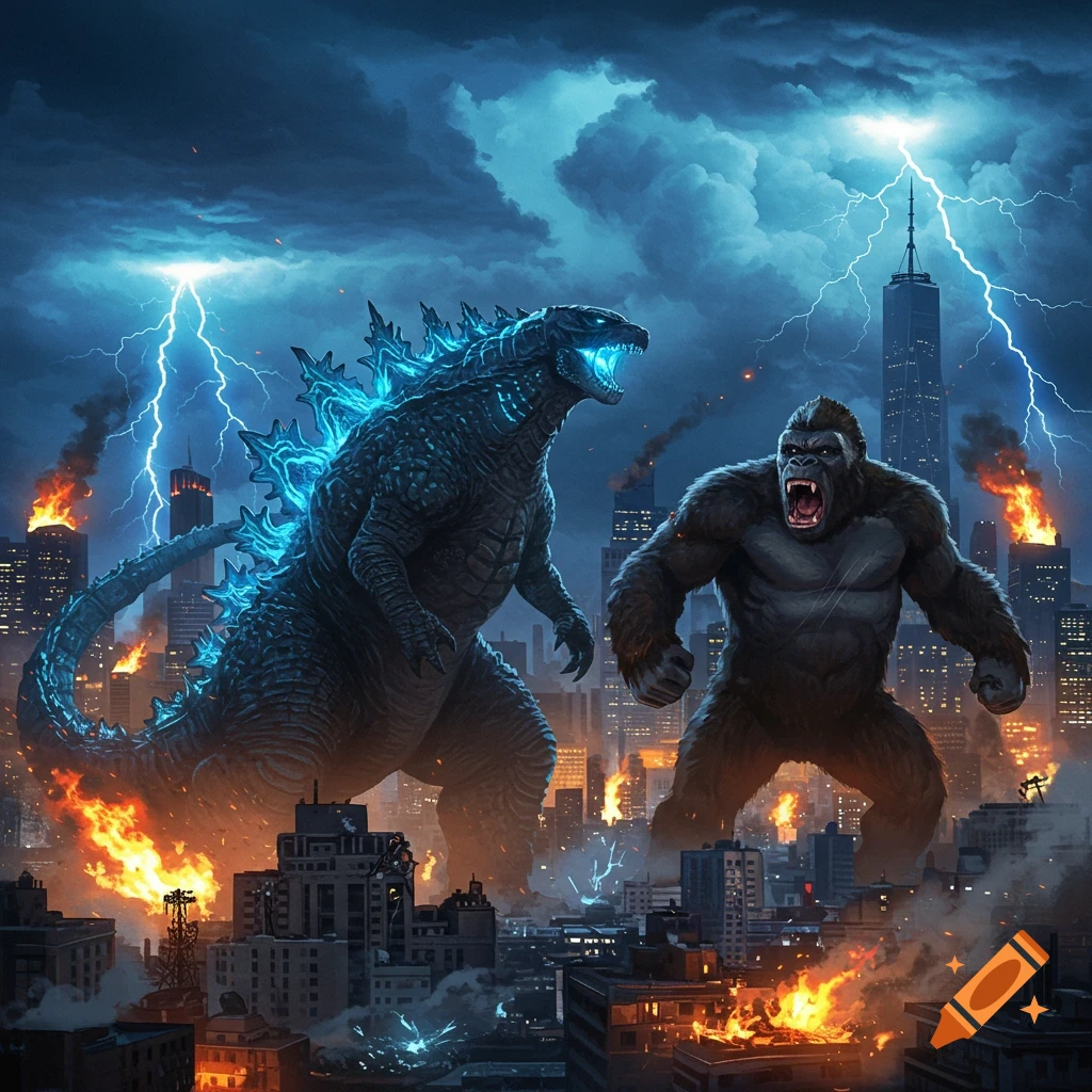 Godzilla and King Kong battle in a burning city under a stormy, lightning-filled sky.