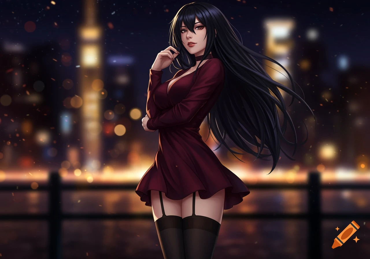 An anime-style illustration of a woman with long black hair, wearing a red dress, thigh-high stockings, and garters, standing at night with city lights in the background.