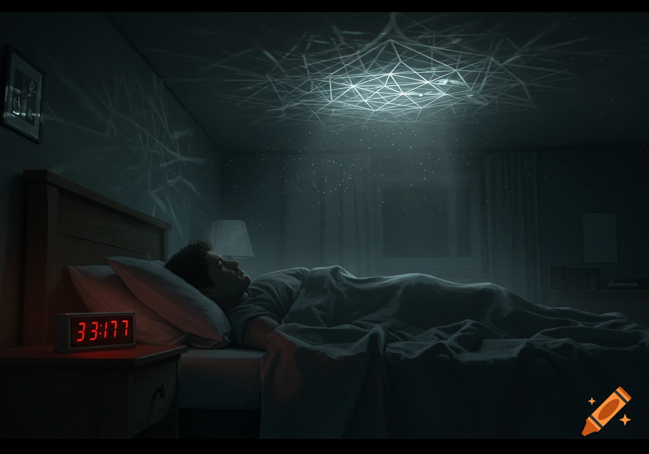 A man lies awake in a dimly lit bedroom, staring at a geometric light pattern on the ceiling. A digital clock on the nightstand reads '33:77'.