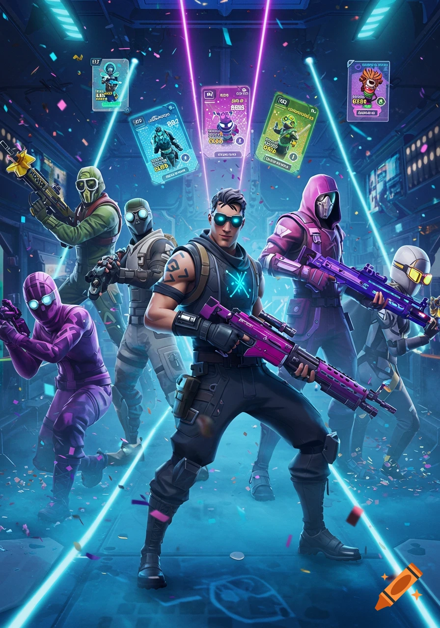 Six stylized Fortnite-like characters, armed with neon weapons, pose in a futuristic room with glowing lines, confetti, and floating cards.
