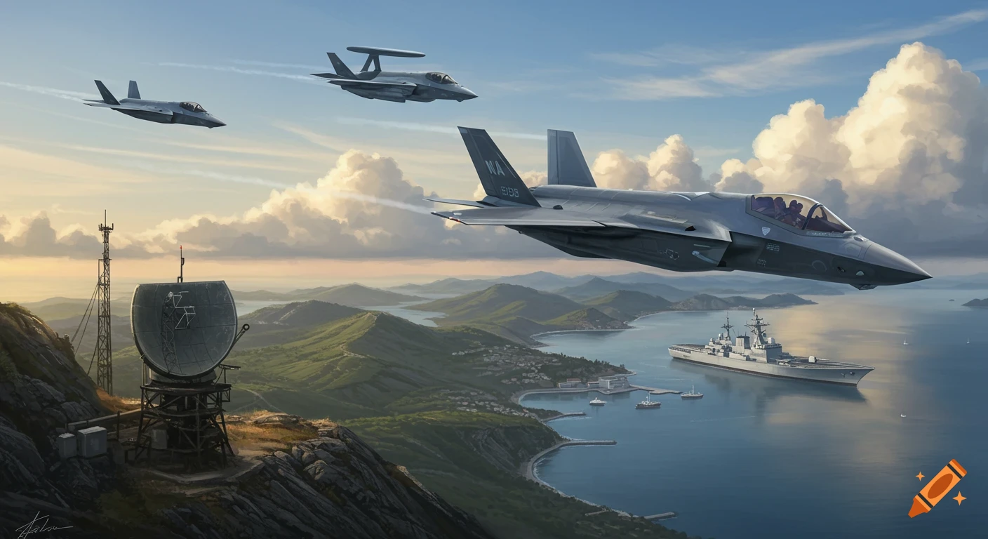 Three F-35 fighters and an E-7A AEW&C jet fly past a radar post on a hill, overlooking a harbor with a warship.