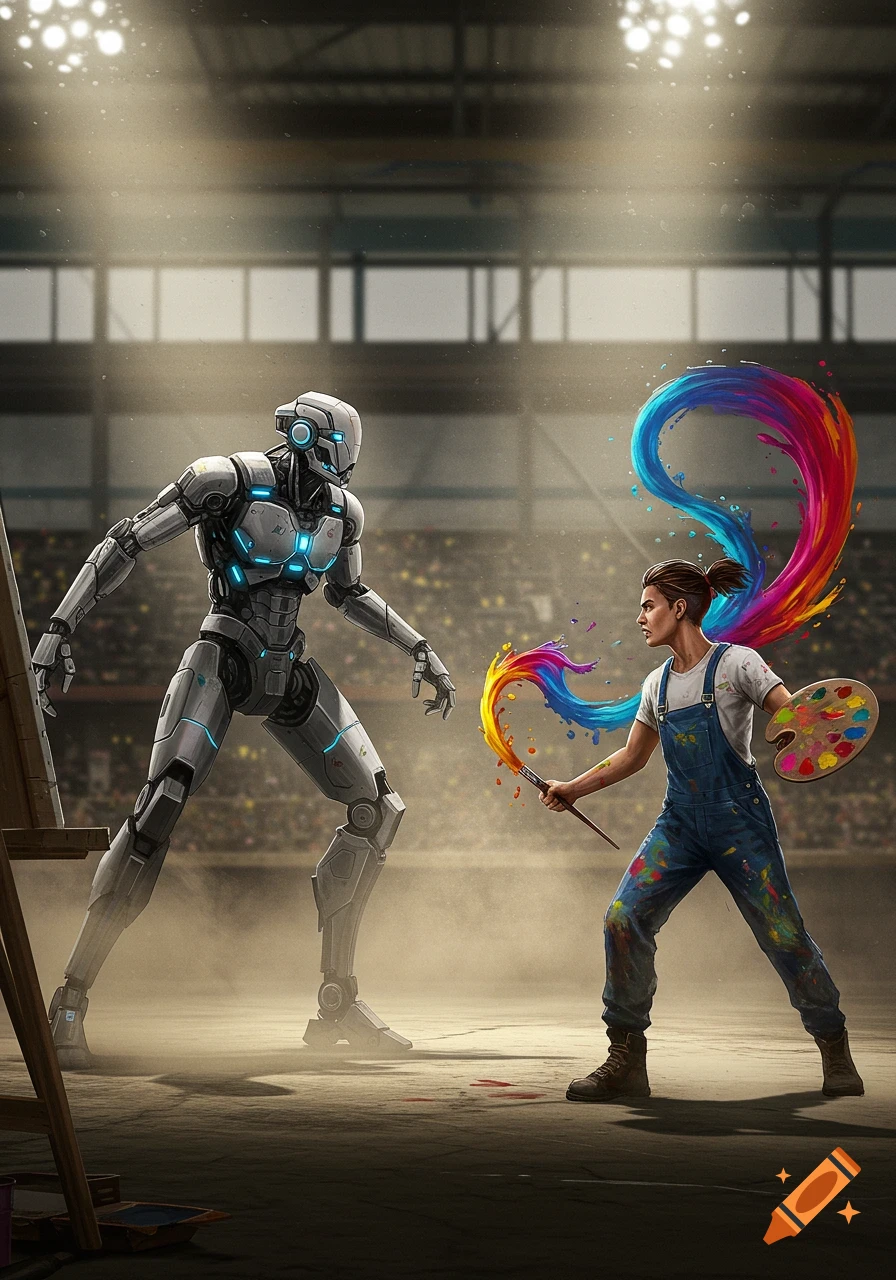 A human artist with a paintbrush and colorful paint faces off against a robot in a stadium arena, digital art style.