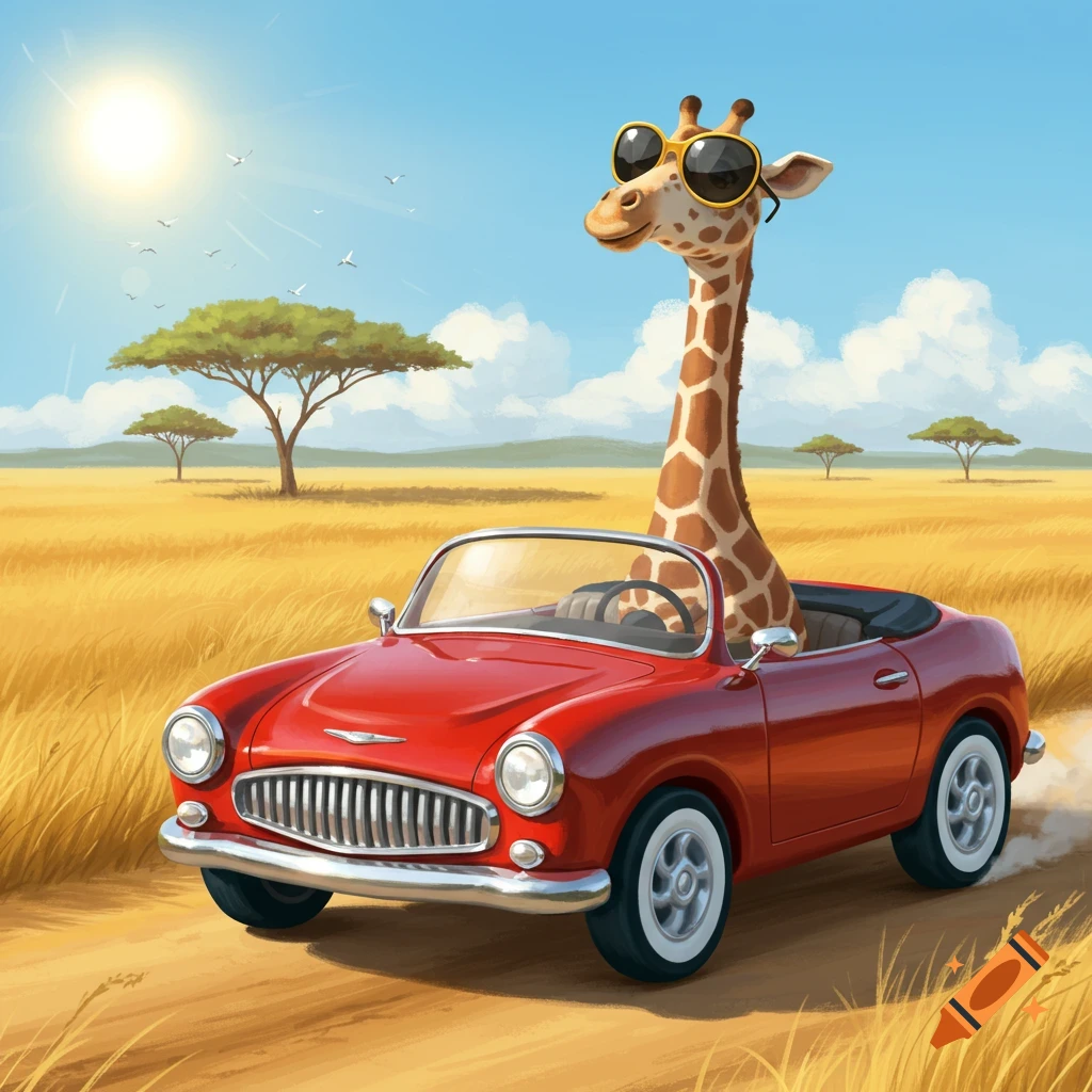 A cartoon giraffe wearing sunglasses drives a red convertible through a sunny savanna.